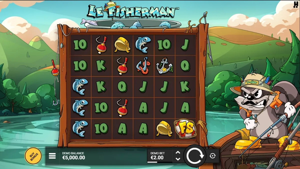 Smokey the Raccoon fishing in the Le Fisherman slot game